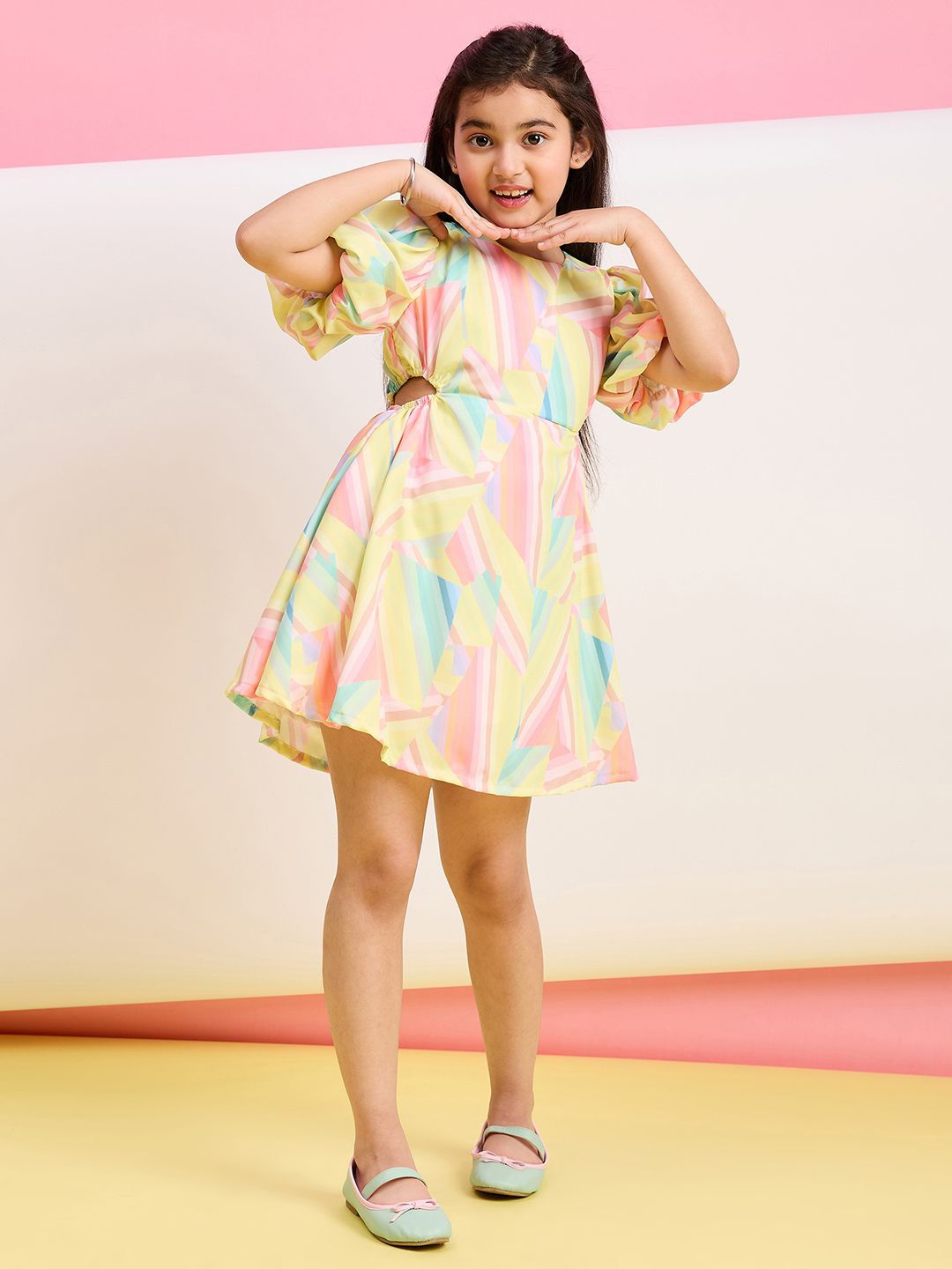 

Stylo Bug Girls Printed Cut-Outs Detail Fit & Flare Dress, Yellow