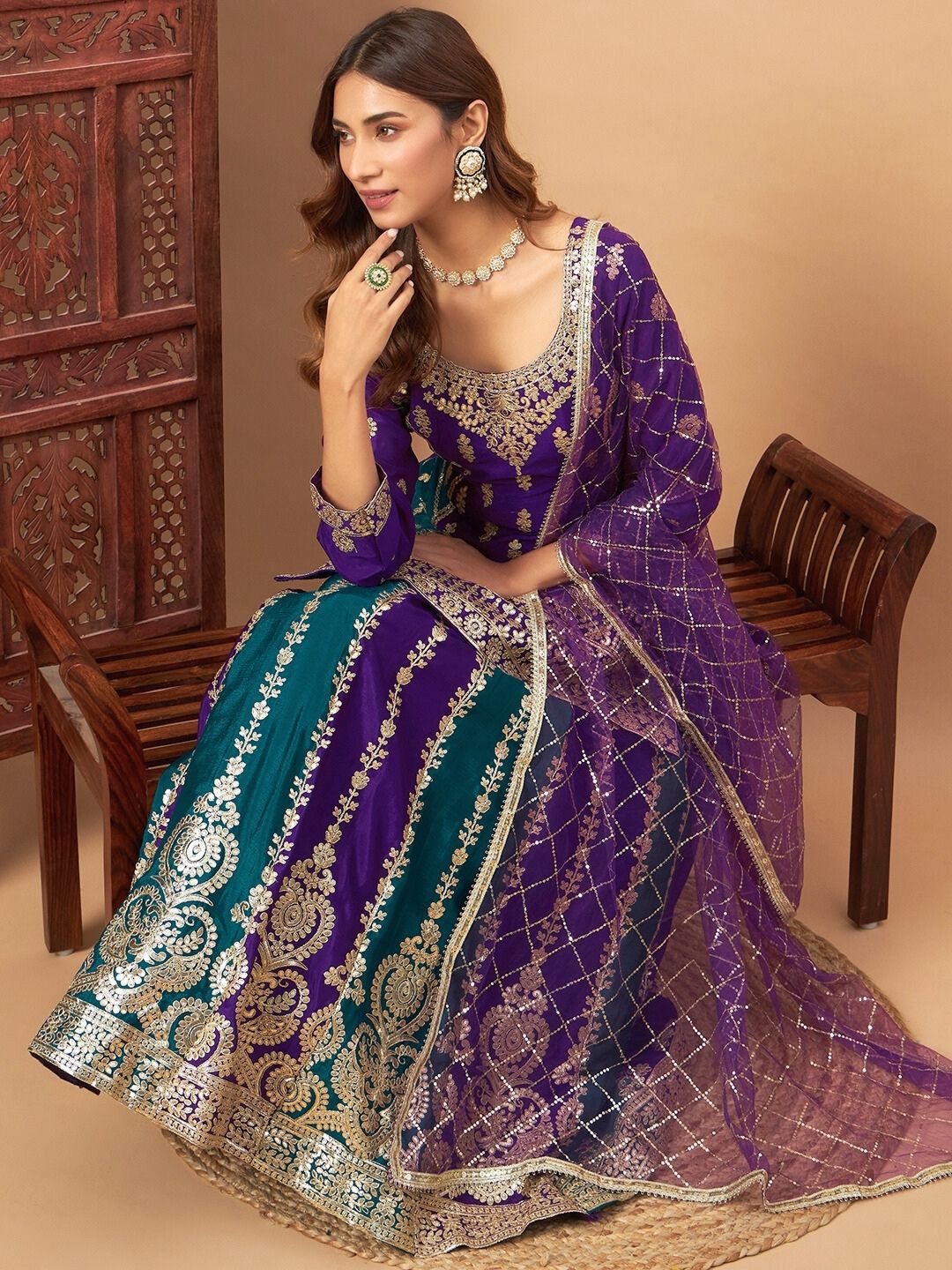 

Chhabra 555 Embroidered Lehenga With Choli & Dupatta, Purple