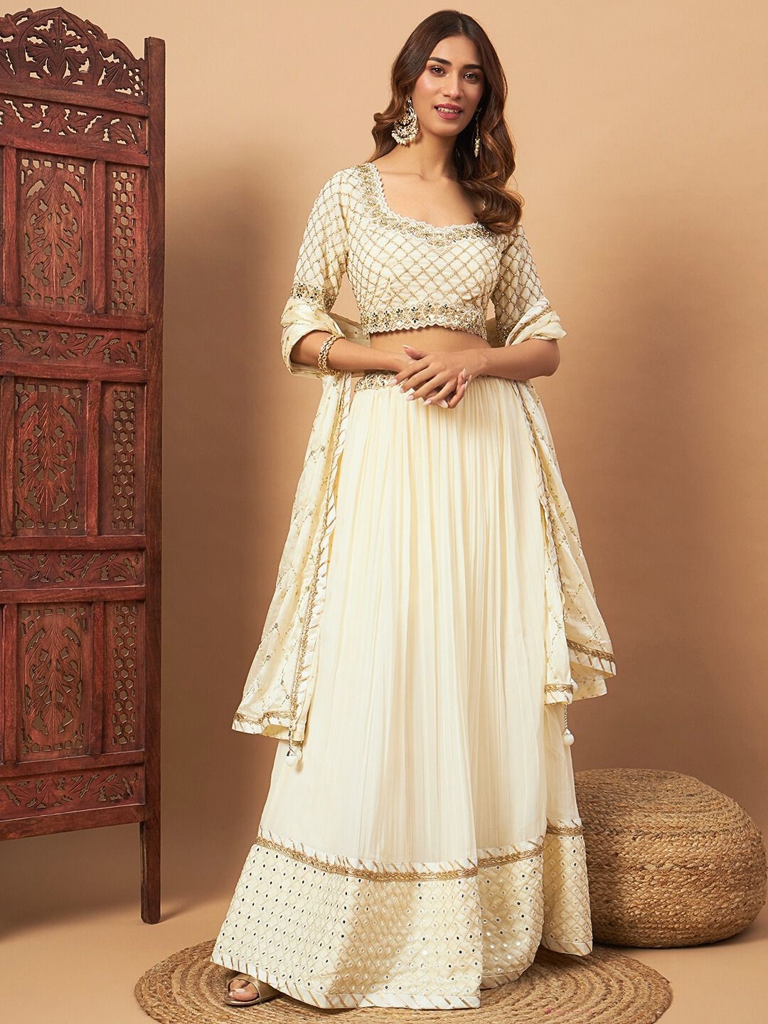 

Chhabra 555 Mirror Embellished Flared Lehenga Set & Sequin Embroidered Chinon Dupatta, Cream