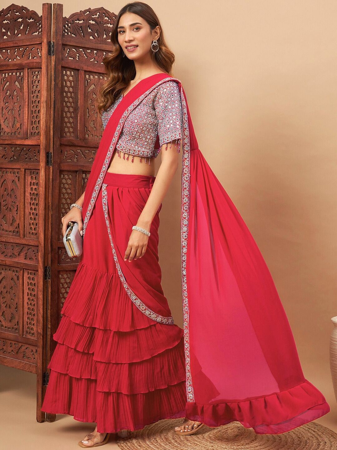

Chhabra 555 Mirror Embellished Tasseled Lehenga With Choli & Dupatta, Red