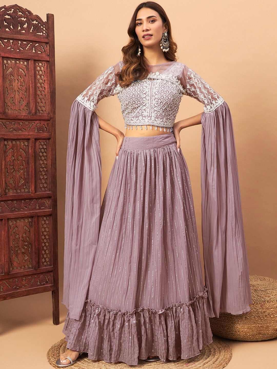 

Chhabra 555 Embellished Lehenga With Choli & Long Sleeve Cape, Lavender