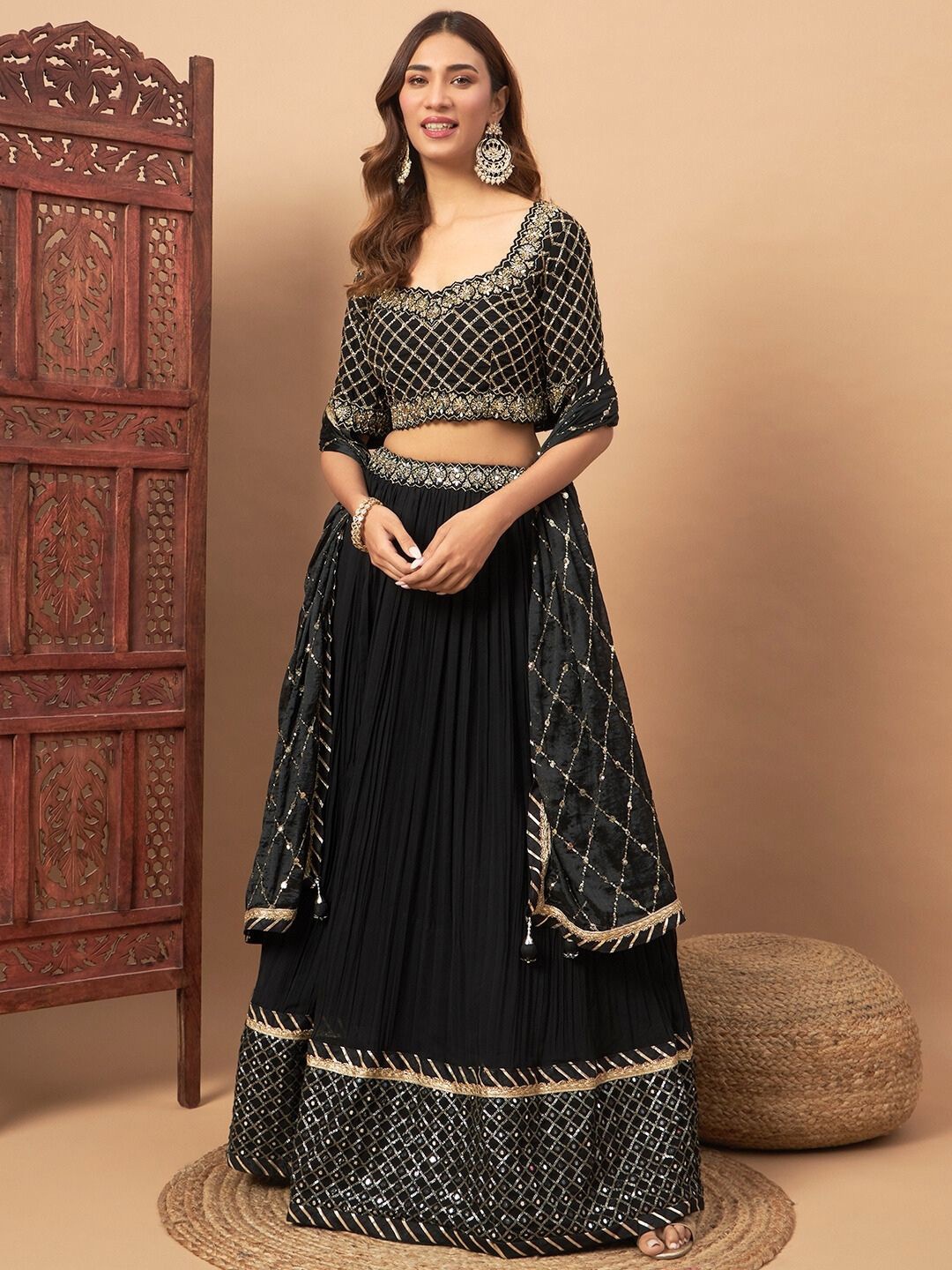 

Chhabra 555 Mirror Embellished Flared Lehenga With Choli & Dupatta, Black