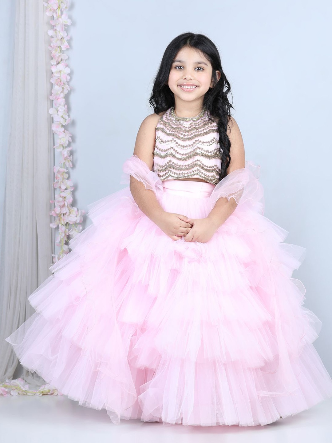 

THE LITTLE CELEBS Girls Embellished Beads and Stones Ready to Wear Lehenga & Blouse With Dupatta, Pink