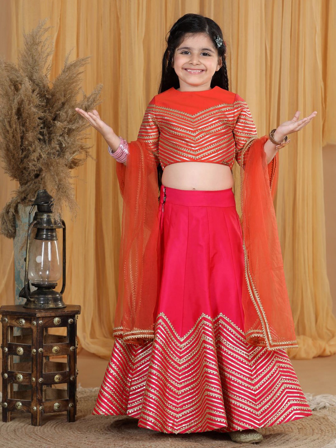 

THE LITTLE CELEBS Girls Embroidered Ready to Wear Lehenga & Blouse With Dupatta, Pink