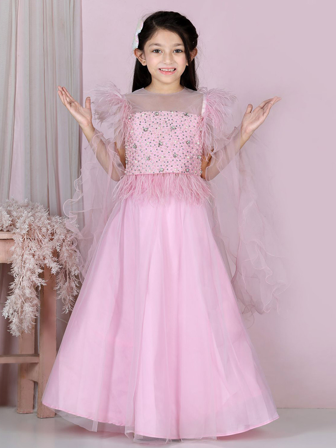 

THE LITTLE CELEBS Girls Embroidered Beads and Stones Ready to Wear Lehenga & Blouse With Dupatta, Pink