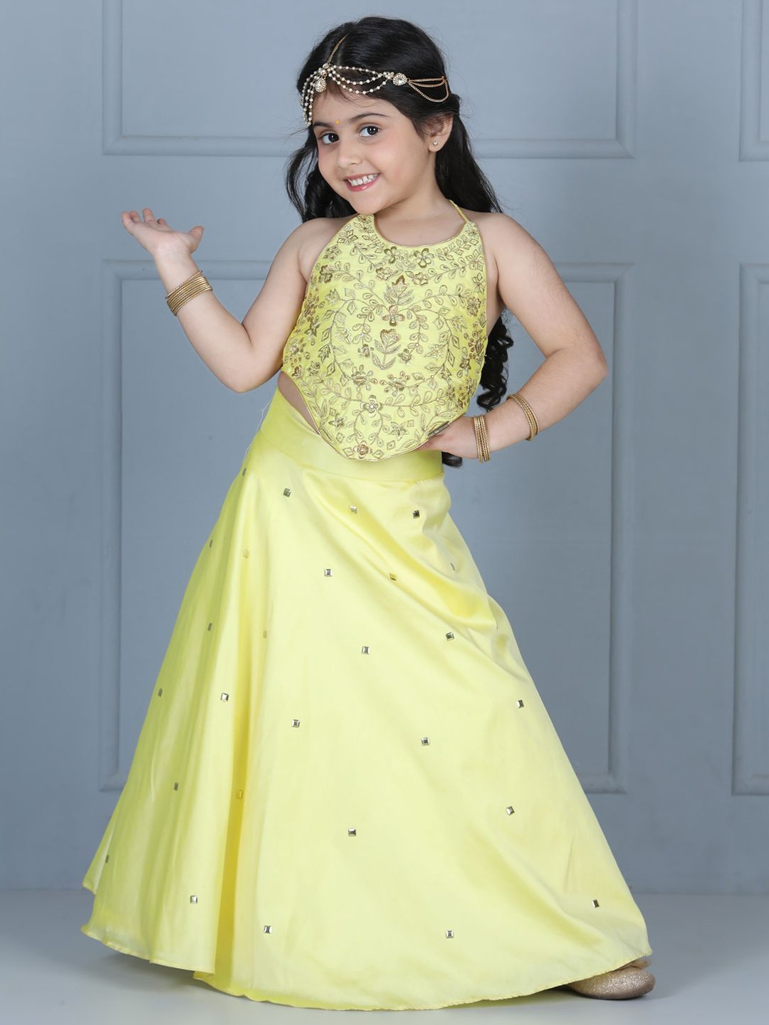 

THE LITTLE CELEBS Girls Embellished Beads and Stones Ready to Wear Lehenga &, Yellow