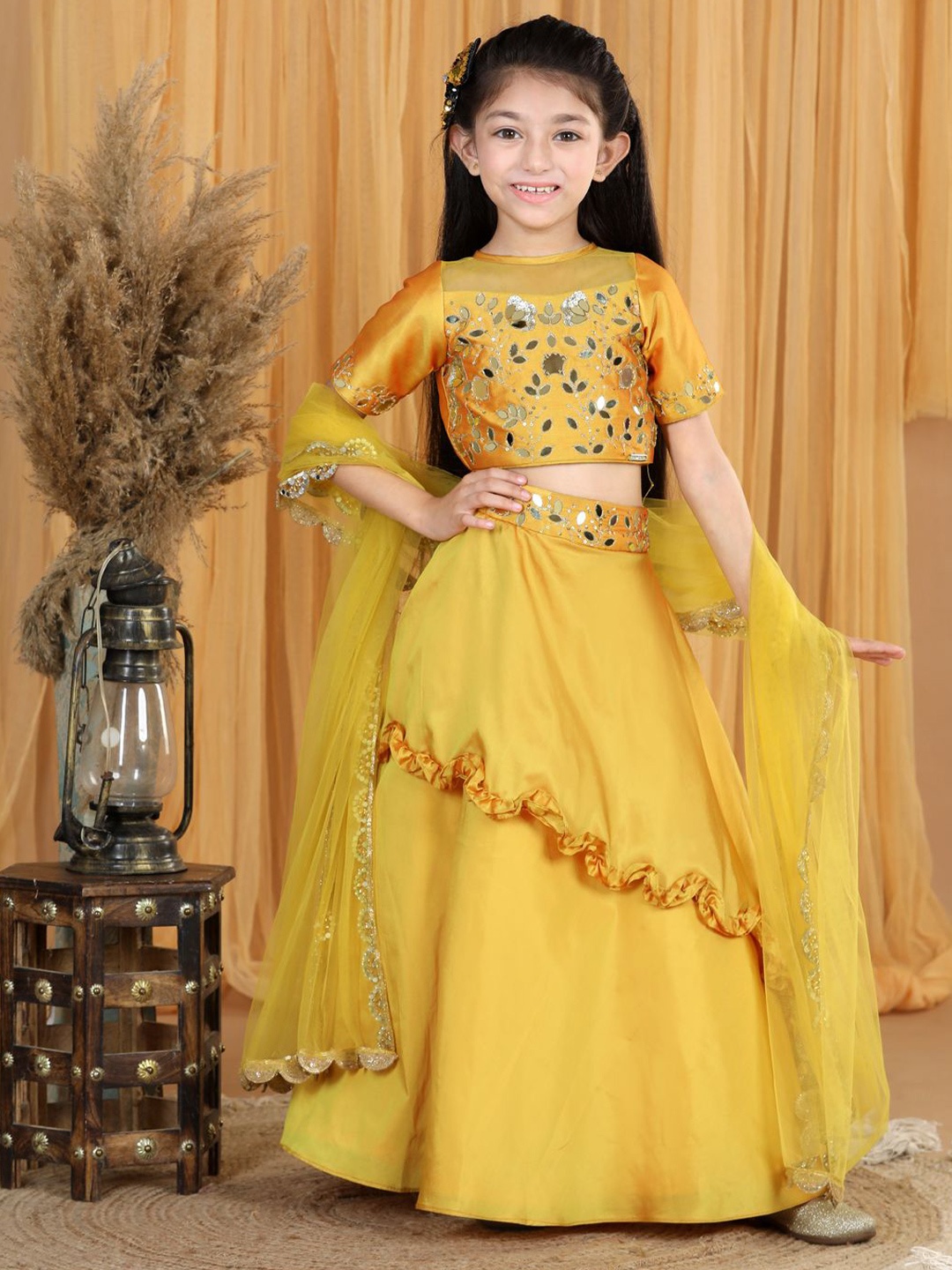 

THE LITTLE CELEBS Girls Embellished Ready to Wear Lehenga & Blouse With Dupatta, Mustard