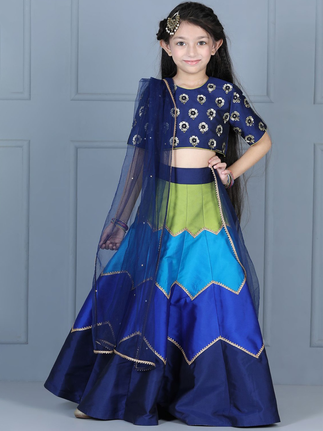 

THE LITTLE CELEBS Girls Embellished Sequinned Ready to Wear Lehenga & Blouse With Dupatta, Blue