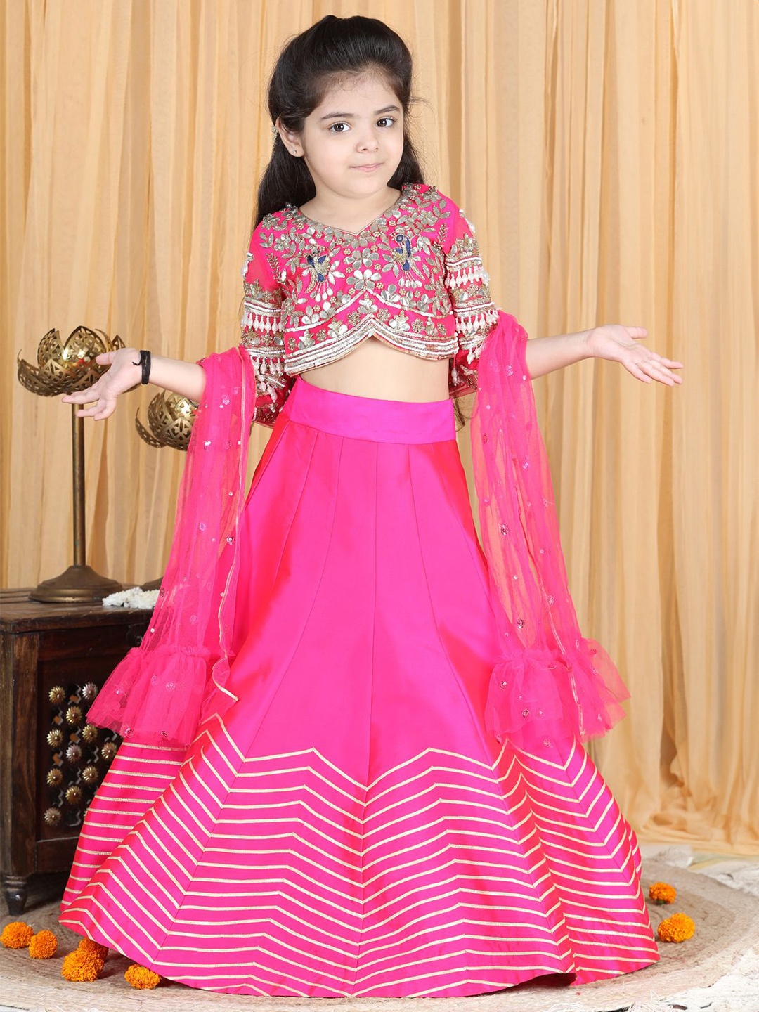 

THE LITTLE CELEBS Girls Embellished Beads and Stones Ready to Wear Lehenga & Blouse With Dupatta, Pink