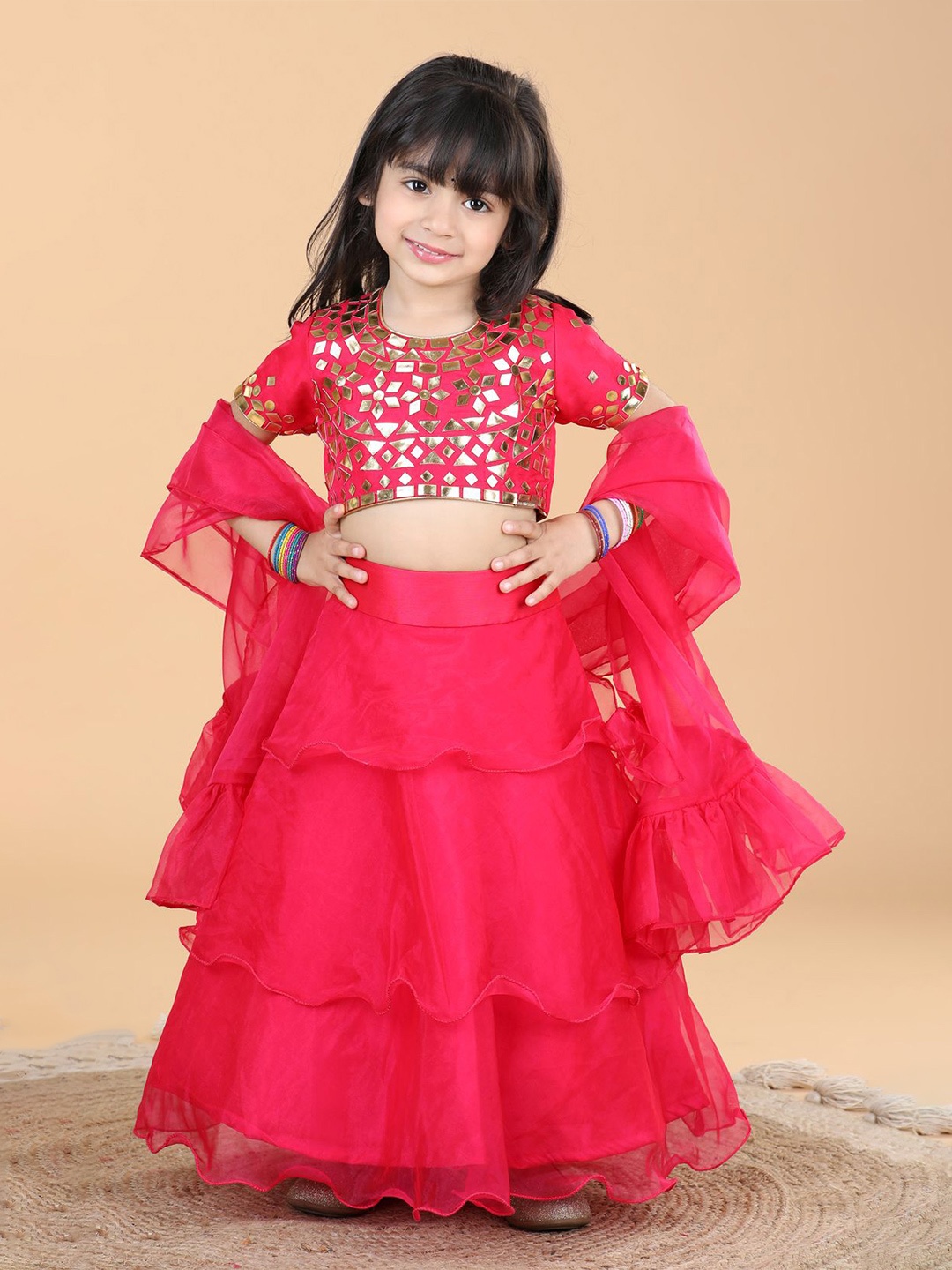 

THE LITTLE CELEBS Girls Embellished Ready to Wear Lehenga & Blouse With Dupatta, Pink