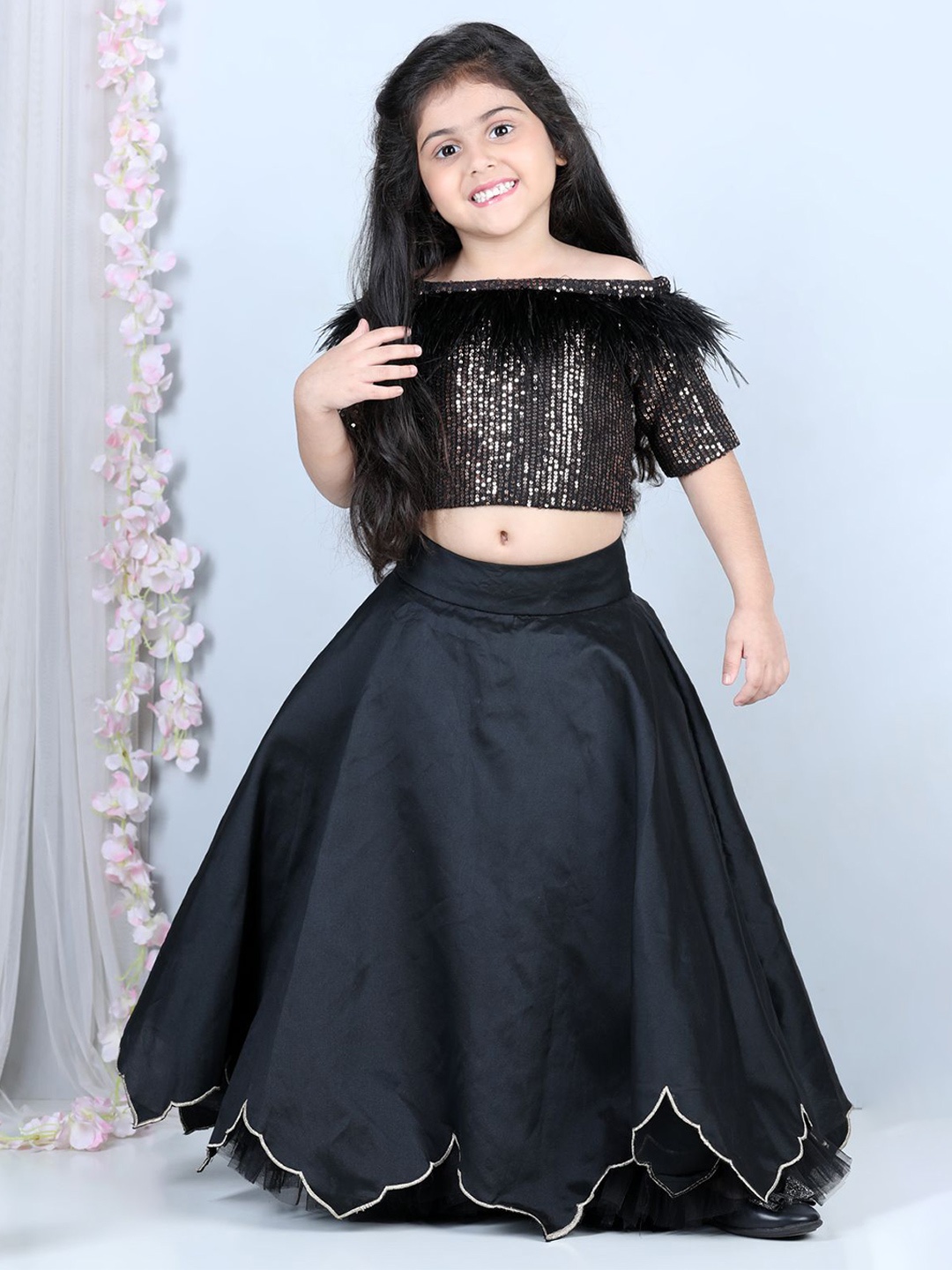 

THE LITTLE CELEBS Girls Embellished Sequinned Ready to Wear Lehenga &, Black