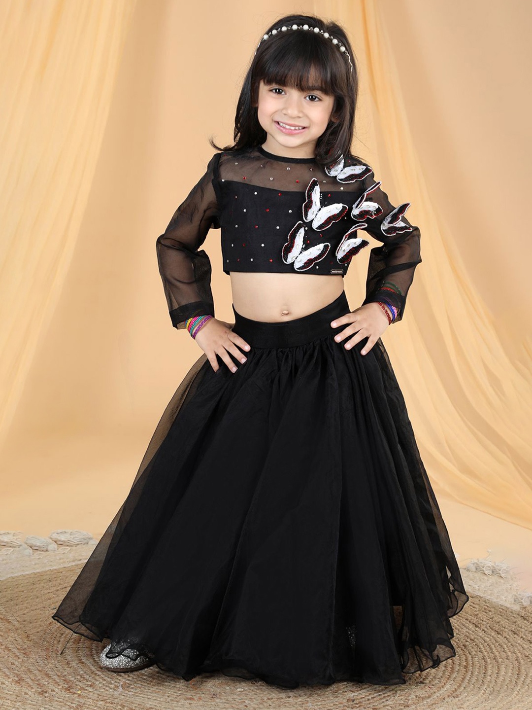 

THE LITTLE CELEBS Girls Embellished Beads and Stones Ready to Wear Lehenga &, Black