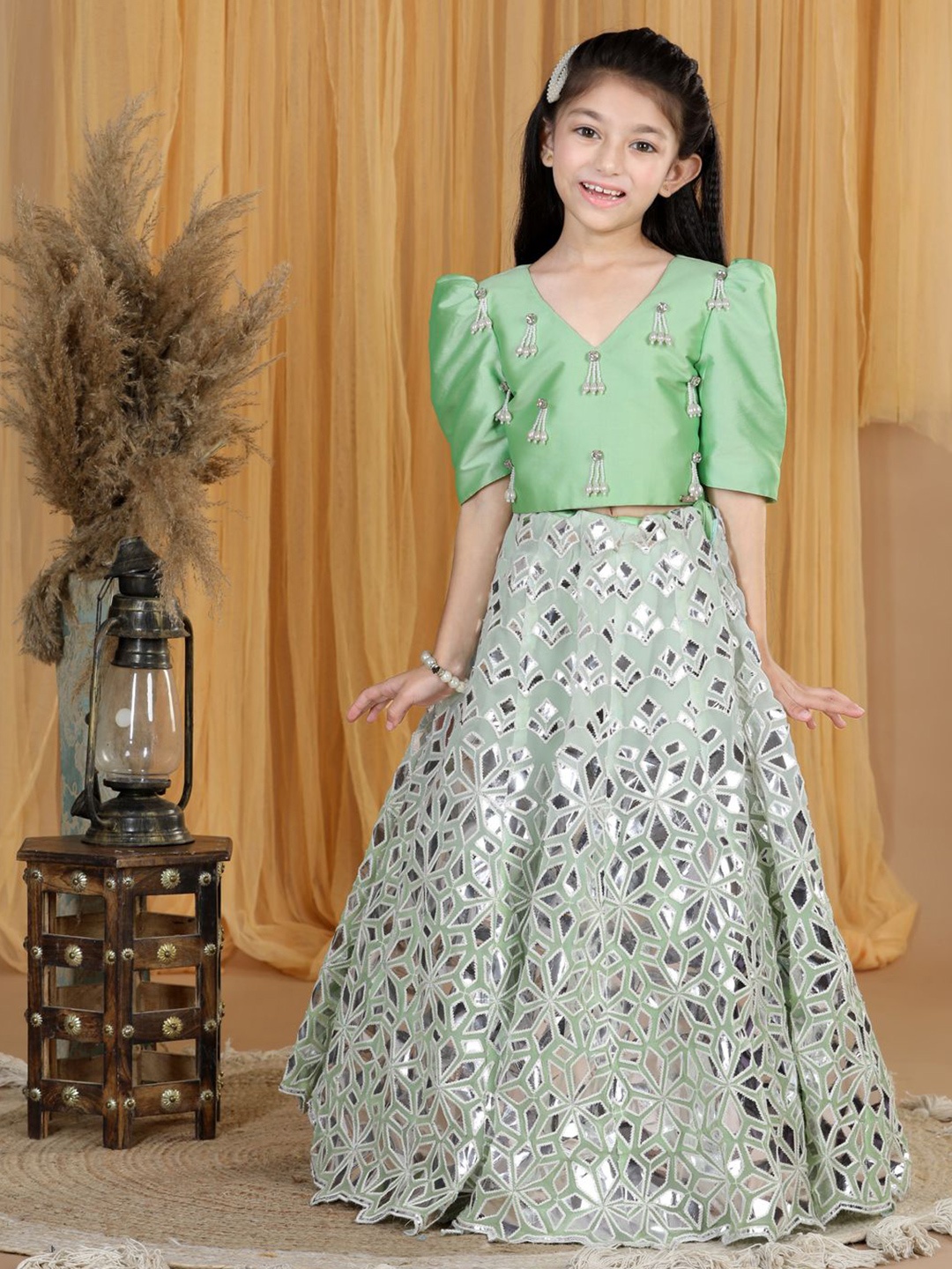 

THE LITTLE CELEBS Girls Embellished Beads and Stones Ready to Wear Lehenga &, Green
