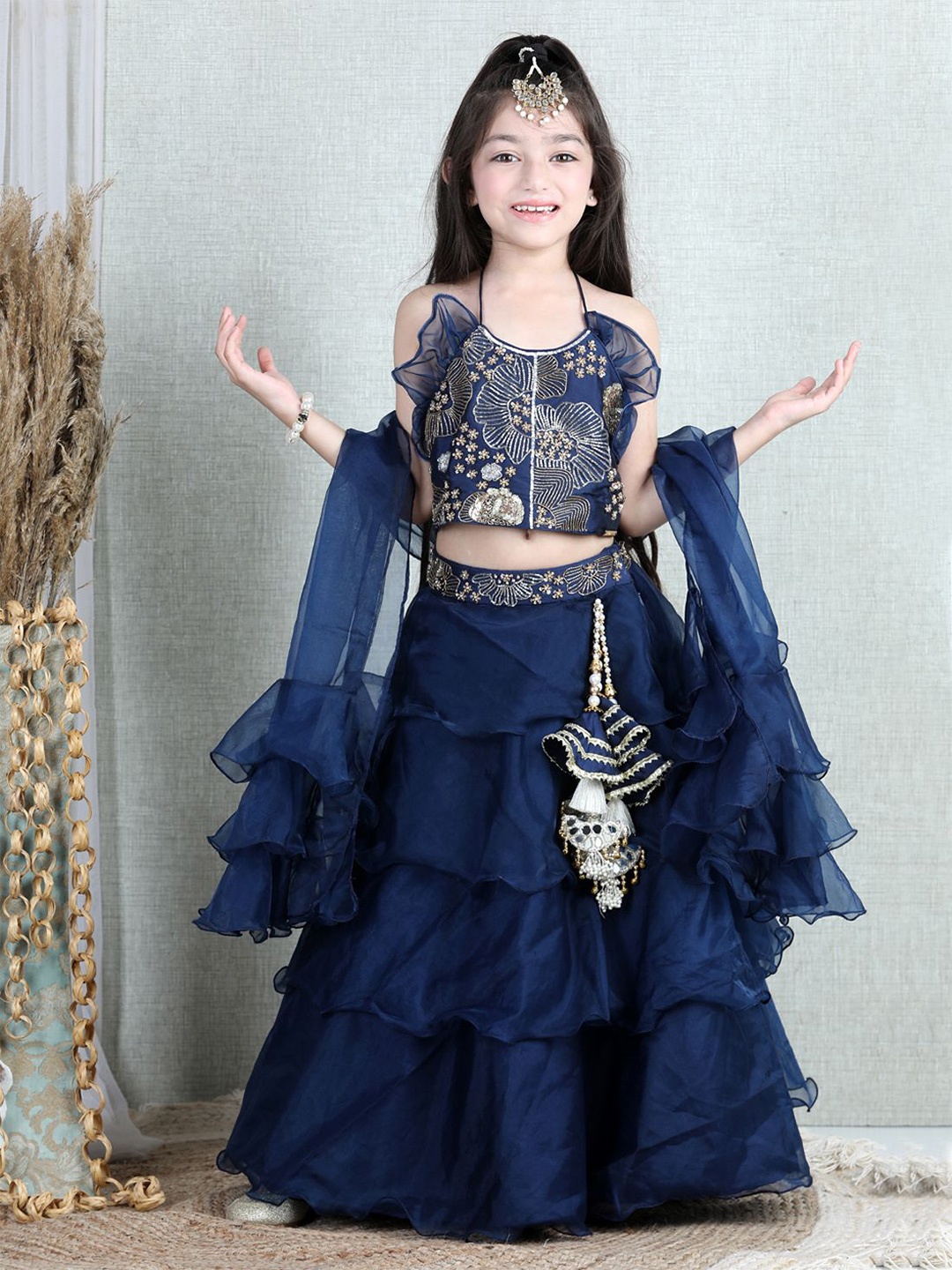 

THE LITTLE CELEBS Girls Embellished Beads and Stones Ready to Wear Lehenga & Blouse With Dupatta, Blue