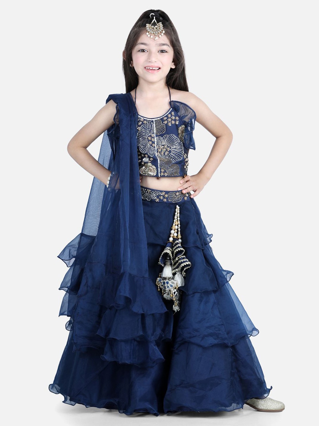 

THE LITTLE CELEBS Girls Embellished Beads and Stones Ready to Wear Lehenga & Blouse With Dupatta, Blue