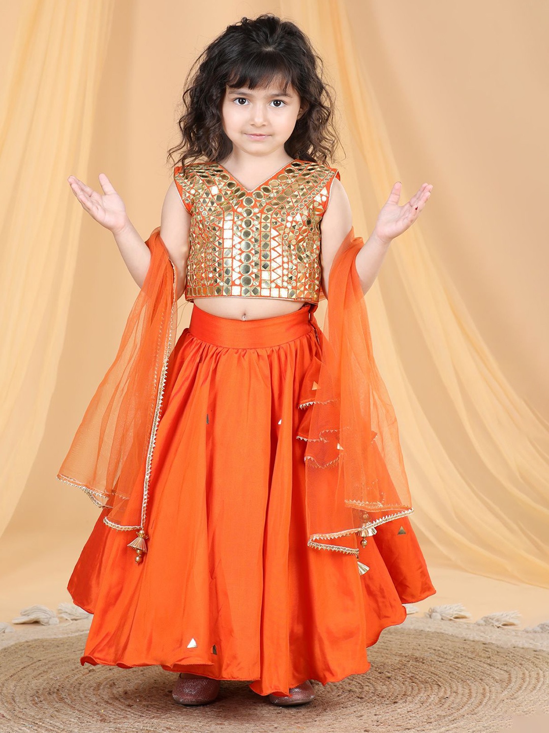 

THE LITTLE CELEBS Girls Embellished Ready to Wear Lehenga & Blouse With Dupatta, Orange