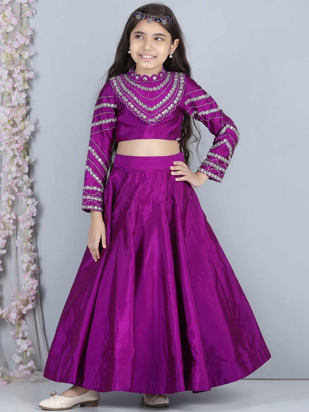 

THE LITTLE CELEBS Girls Embellished Beads and Stones Ready to Wear Lehenga &, Purple