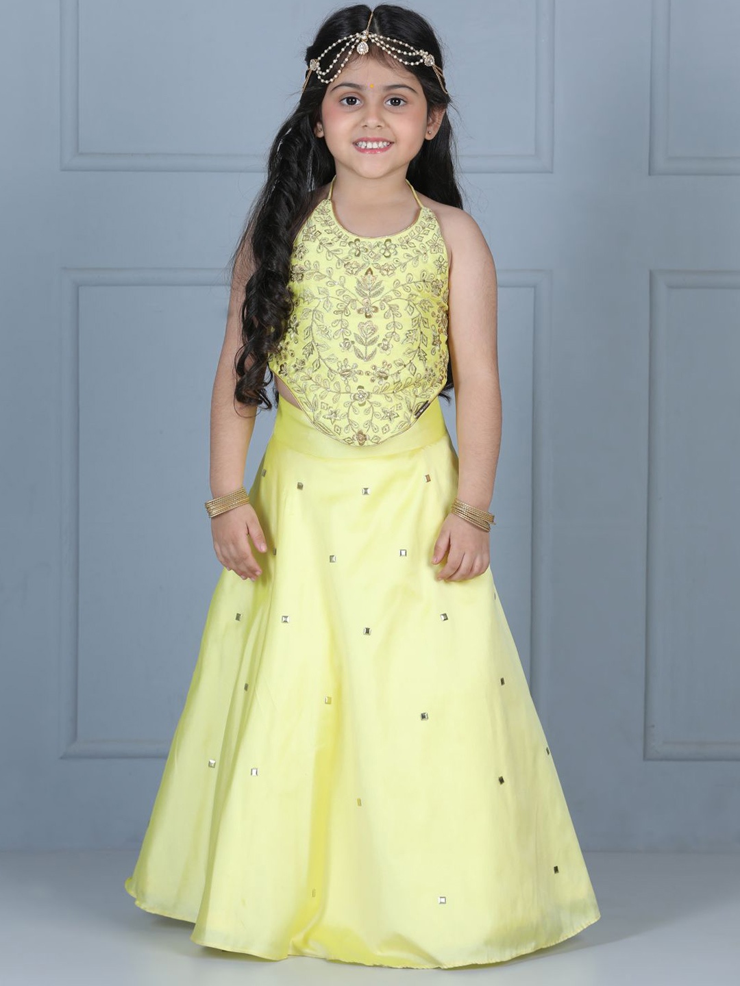 

THE LITTLE CELEBS Girls Embellished Beads and Stones Ready to Wear Lehenga &, Yellow