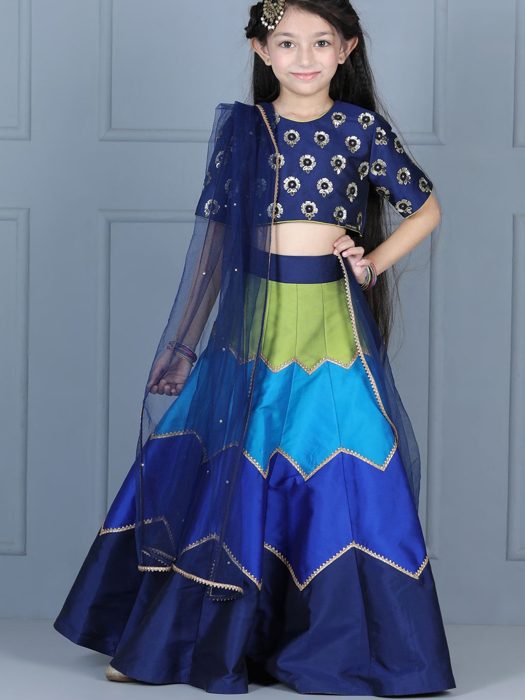 

THE LITTLE CELEBS Girls Embellished Sequinned Ready to Wear Lehenga & Blouse With Dupatta, Blue