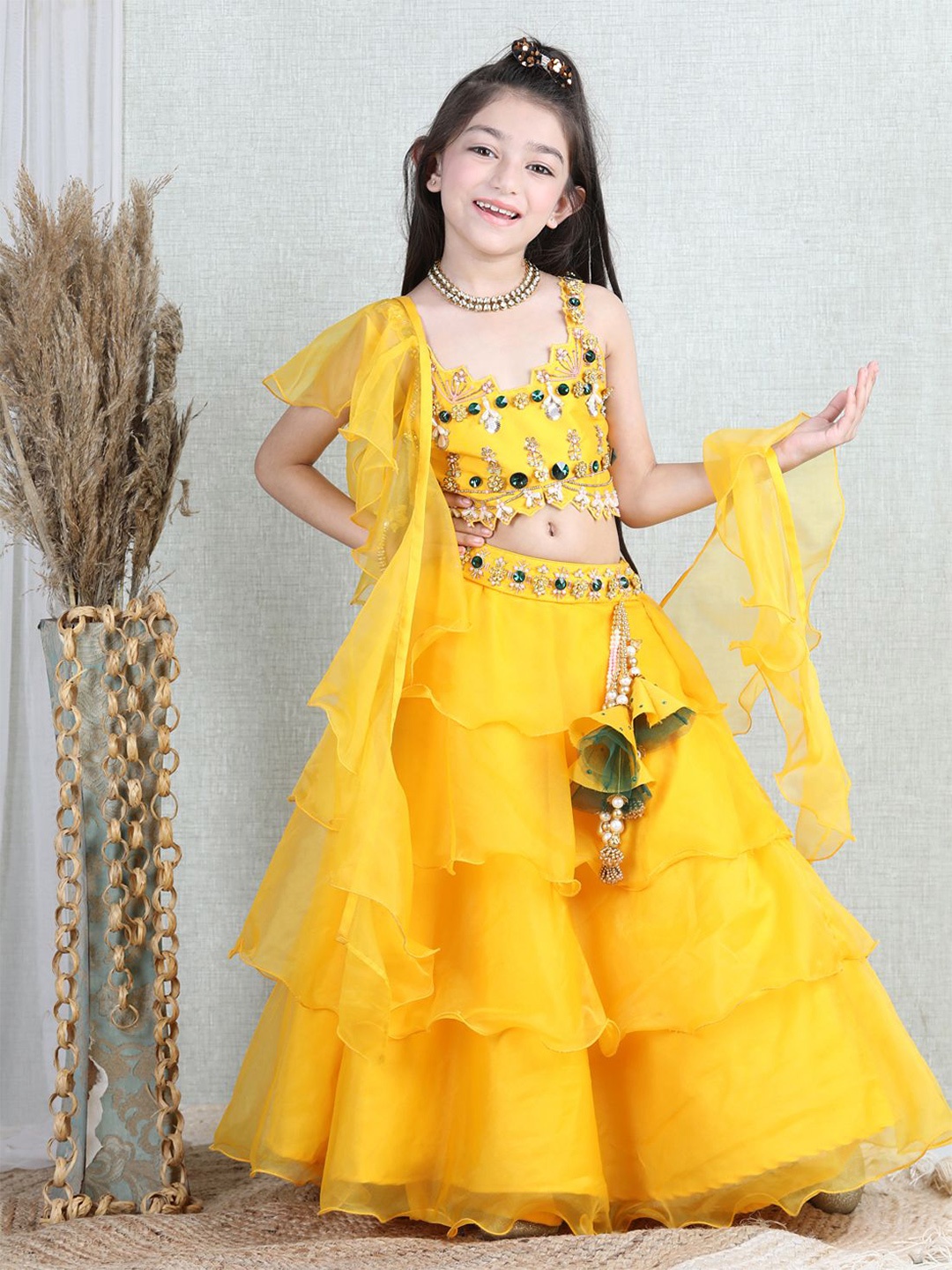 

THE LITTLE CELEBS Girls Embellished Beads and Stones Ready to Wear Lehenga & Blouse With Dupatta, Yellow