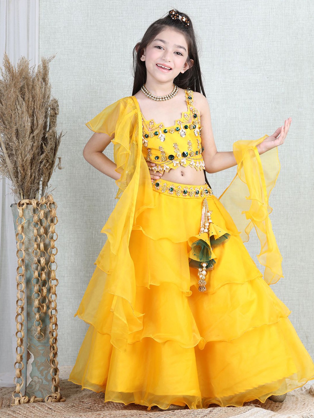 

THE LITTLE CELEBS Girls Embellished Beads and Stones Ready to Wear Lehenga & Blouse With Dupatta, Yellow