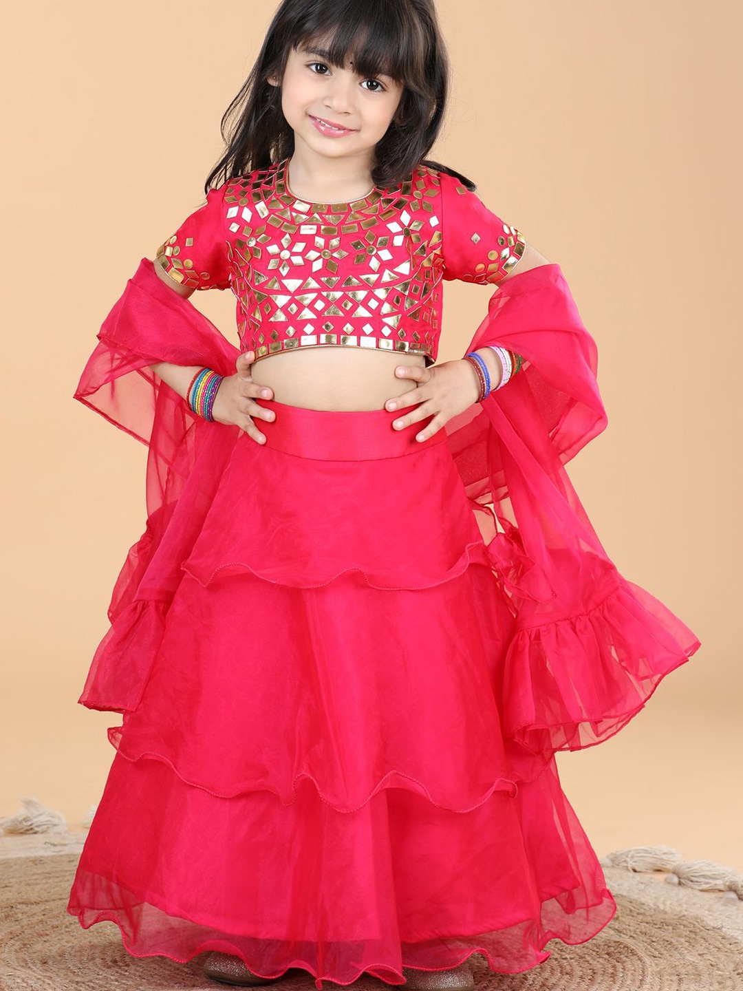 

THE LITTLE CELEBS Girls Embellished Ready to Wear Lehenga & Blouse With Dupatta, Pink