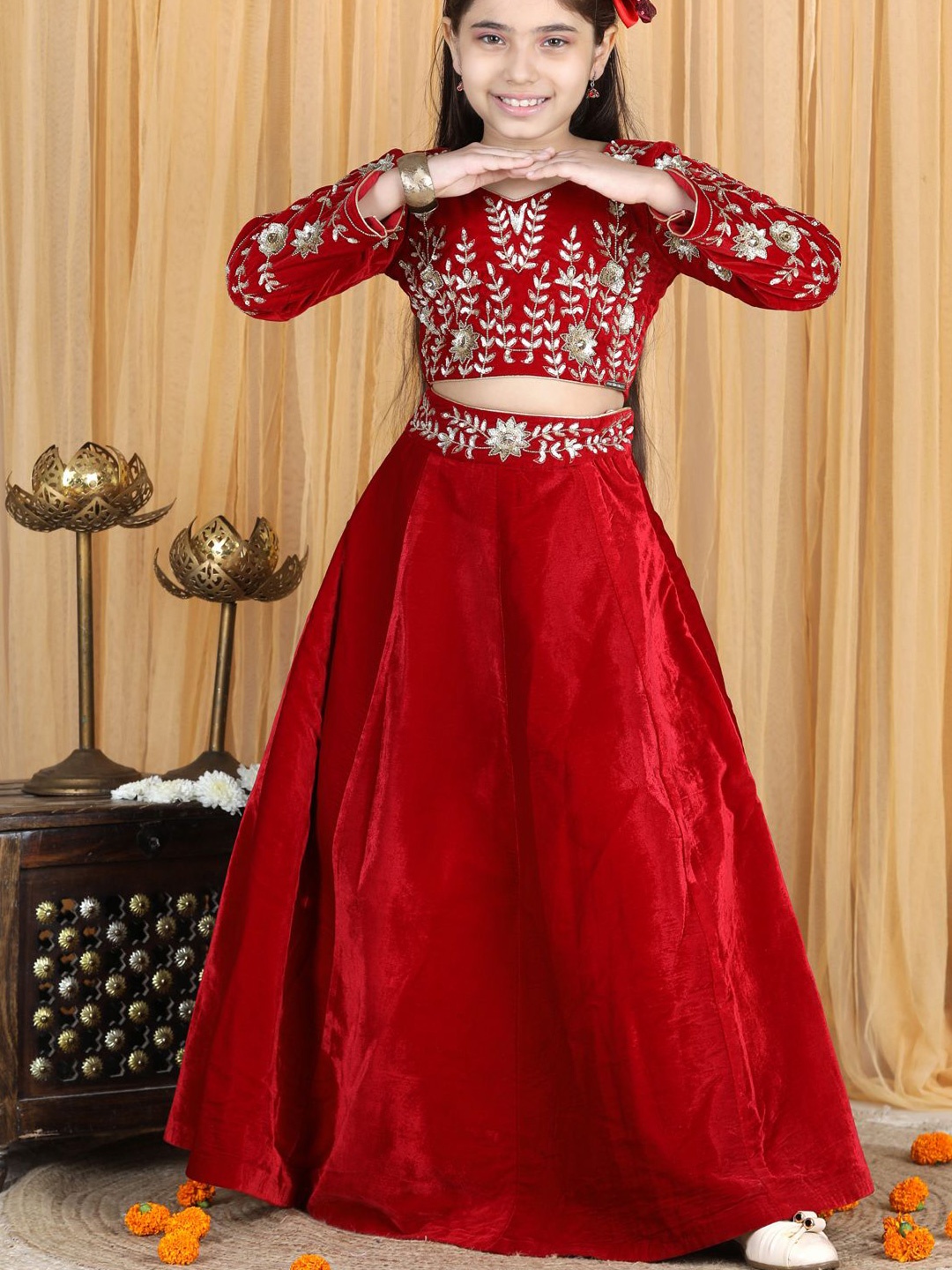 

THE LITTLE CELEBS Girls Embellished Beads and Stones Ready to Wear Lehenga &, Maroon