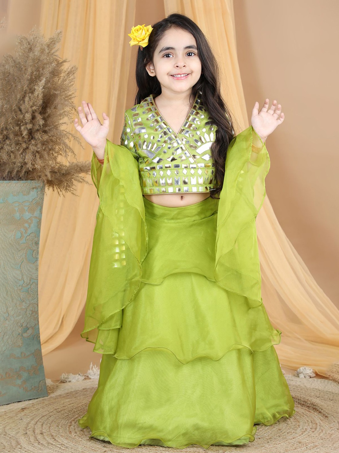 

THE LITTLE CELEBS Girls Embellished Ready to Wear Lehenga & Blouse With Dupatta, Green