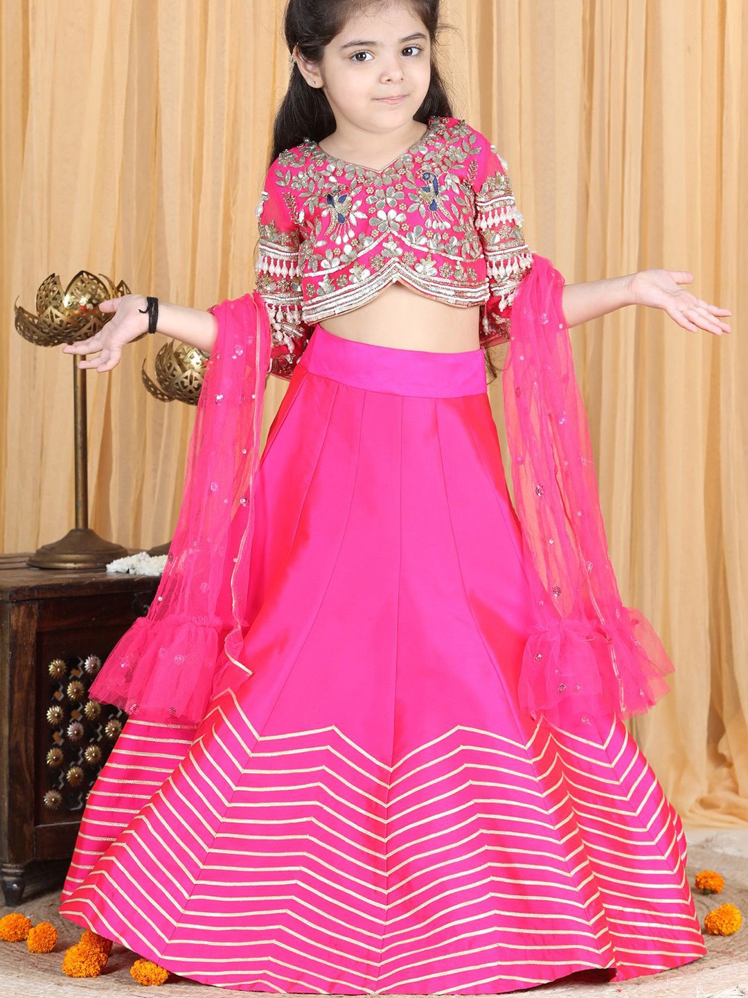 

THE LITTLE CELEBS Girls Embellished Beads and Stones Ready to Wear Lehenga & Blouse With Dupatta, Pink