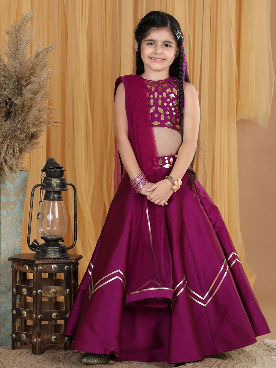 

THE LITTLE CELEBS Girls Embellished Beads and Stones Ready to Wear Lehenga & Blouse With Dupatta, Mauve