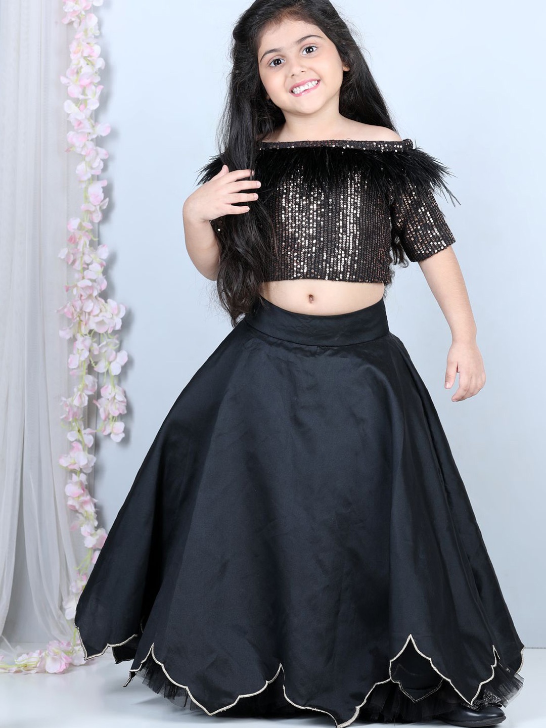 

THE LITTLE CELEBS Girls Embellished Sequinned Ready to Wear Lehenga &, Black