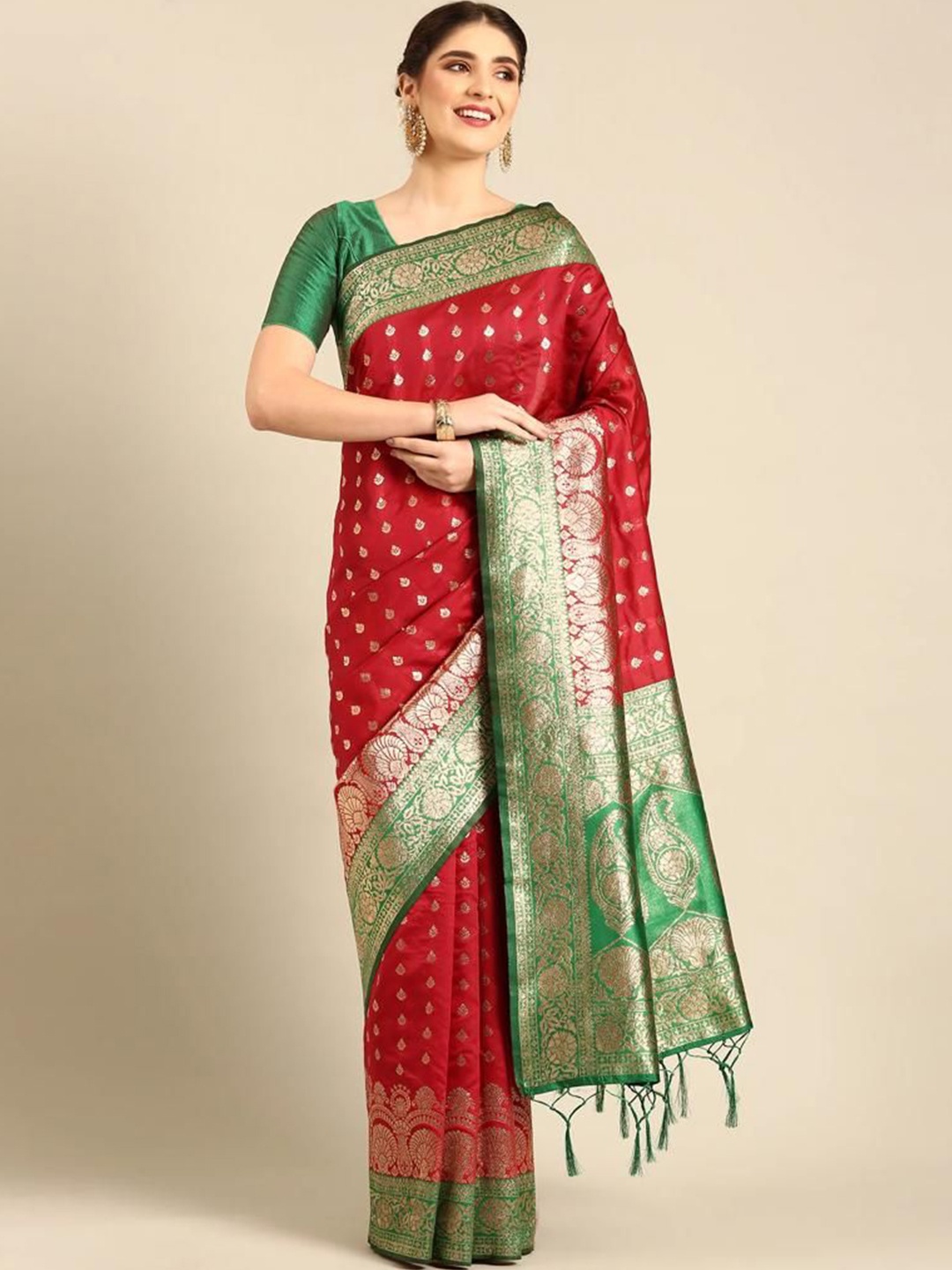 

KALINI Woven Design Zari Silk Blend Banarasi Saree, Red