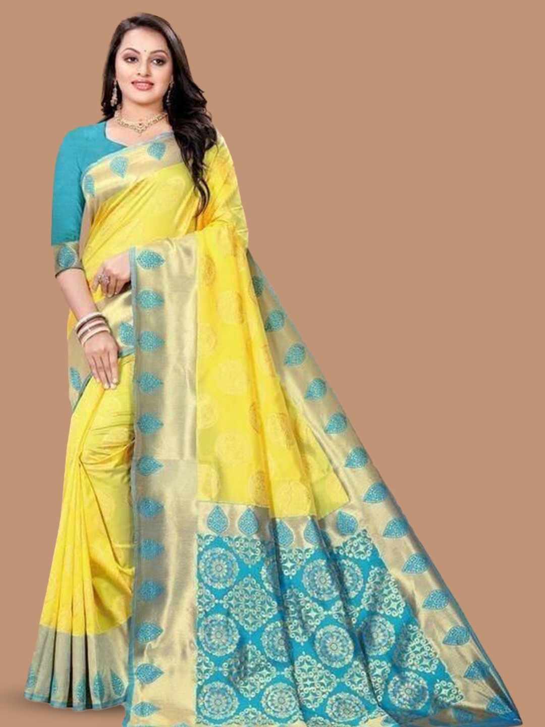 

KALINI Woven Design Zari Silk Blend Banarasi Saree, Yellow