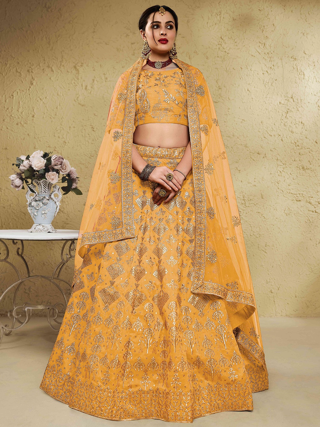 

FABPIXEL Embroidered Sequinned Semi-Stitched Lehenga & Unstitched Blouse With Dupatta, Yellow