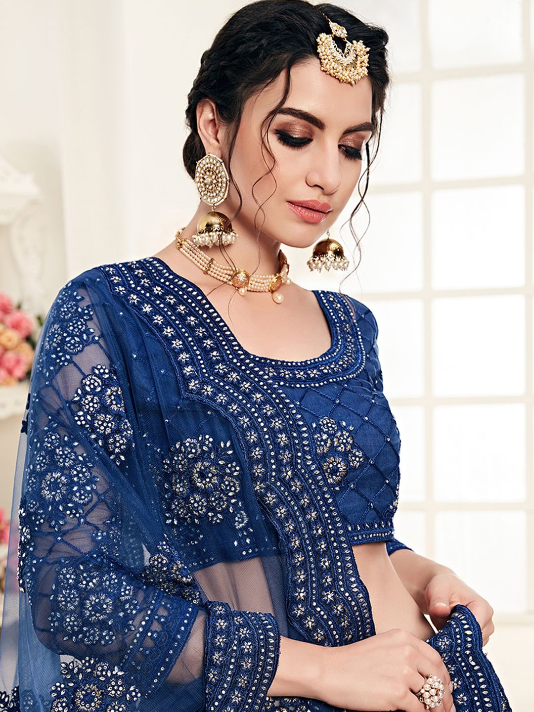 

ALIZEH Royal Blue Embroidered Designer Lehnega Choli With Dupatta