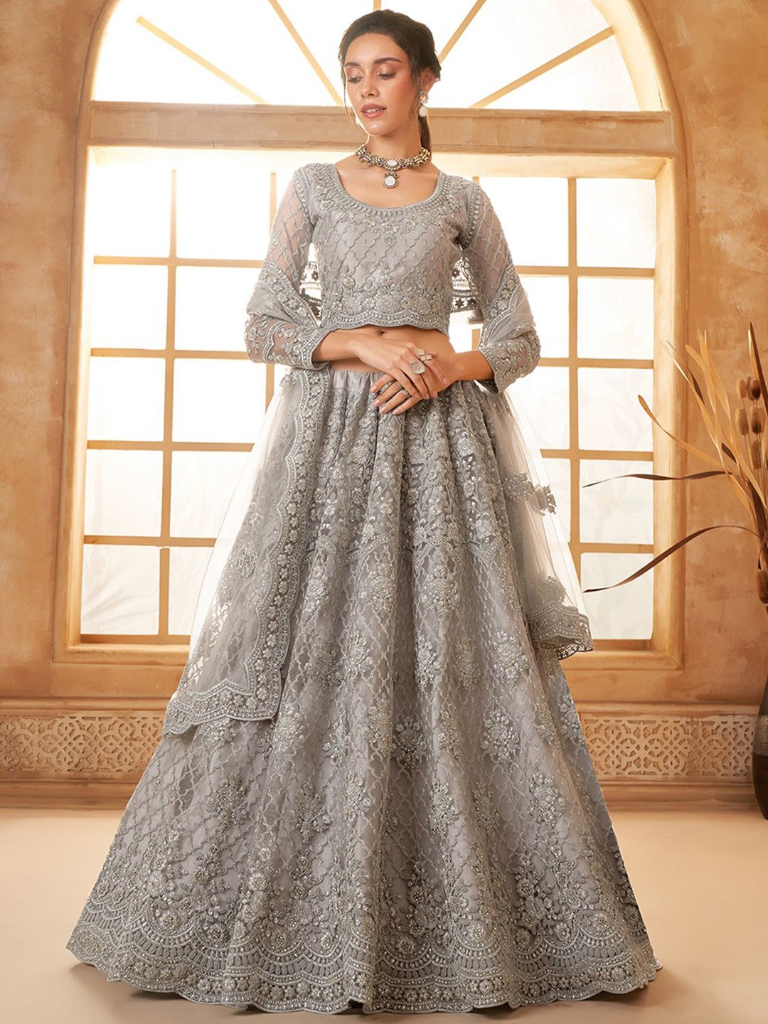 

ALIZEH Grey Partywear Lehenga Choli With Dupatta