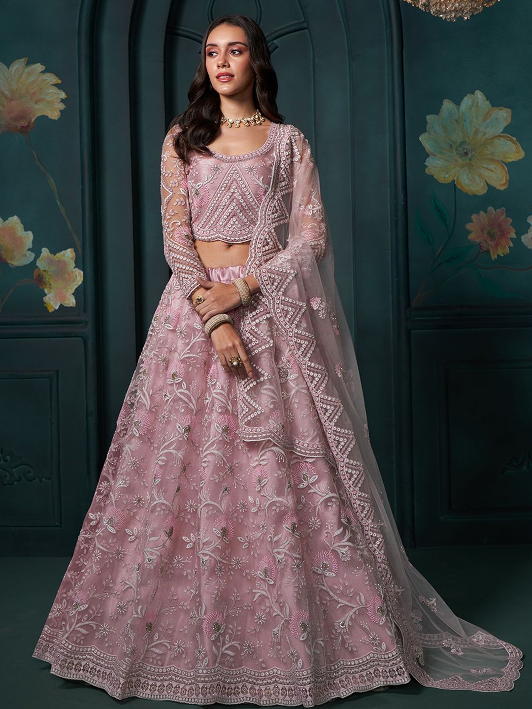 

ALIZEH Baby Pink Net Lehenga Choli With Dupatta