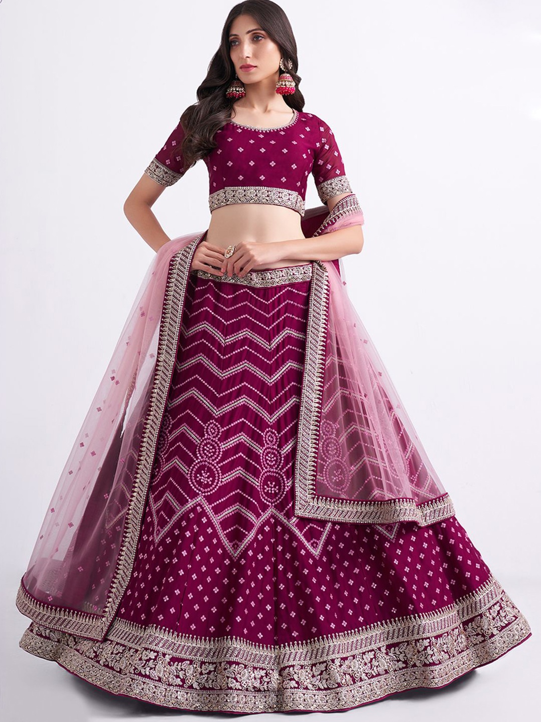 

ALIZEH Magenta Bandhani Work Lehenga Choli With Dupatta