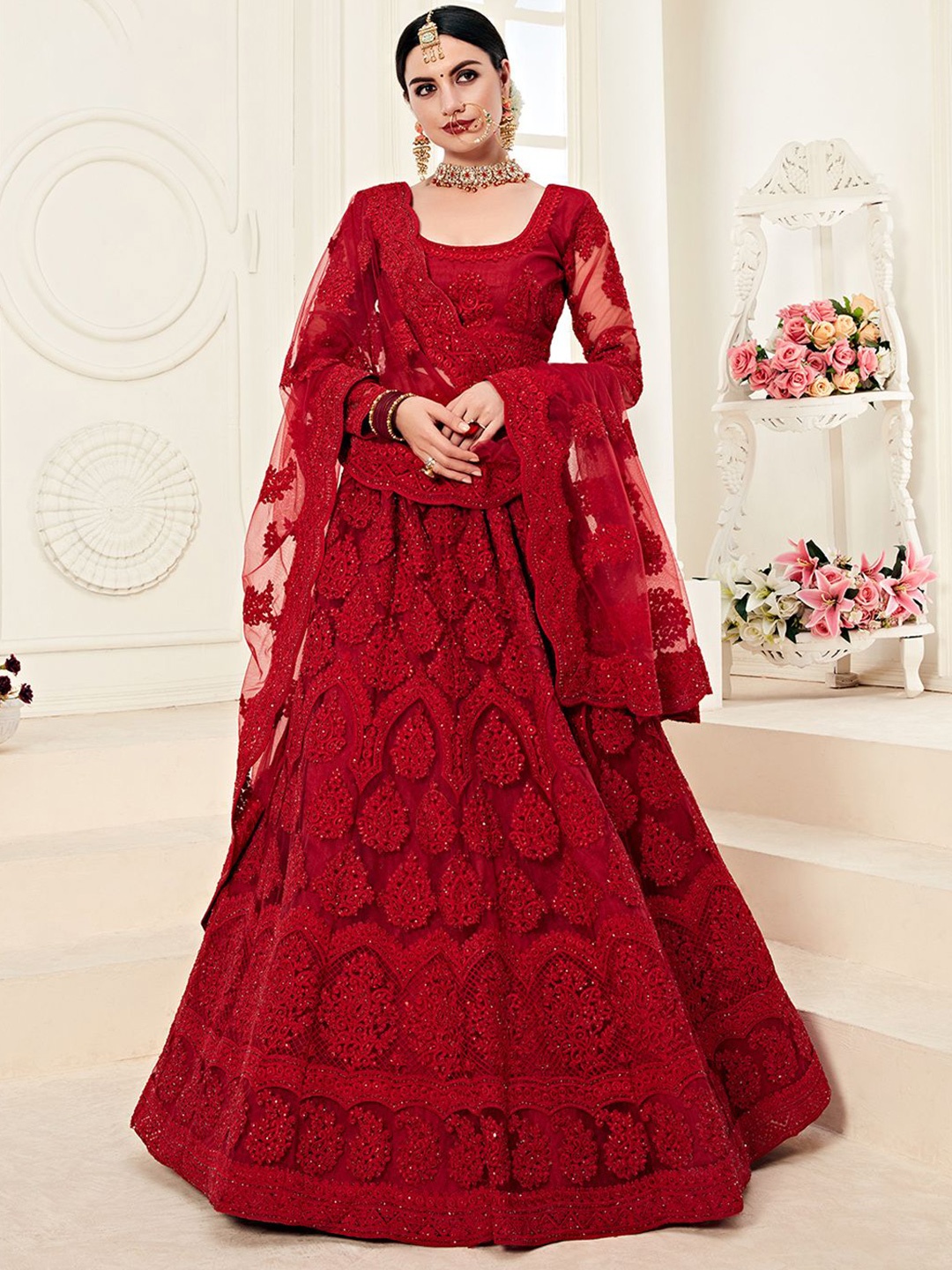 

ALIZEH Bridal Red Designer Embroidered Floral Lehnega Choli With Dupatta