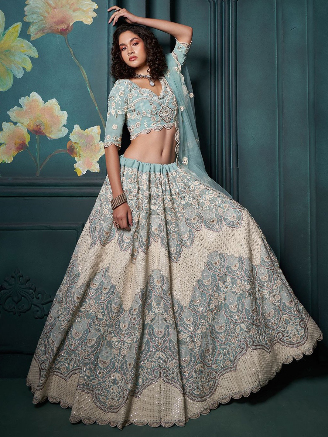 

ALIZEH Light Blue Embroidered Lehenga Choli With Dupatta