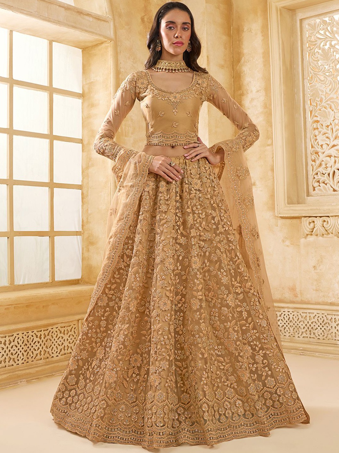 

ALIZEH Golden Designer Embroidered Lehenga Choli With Dupatta, Gold