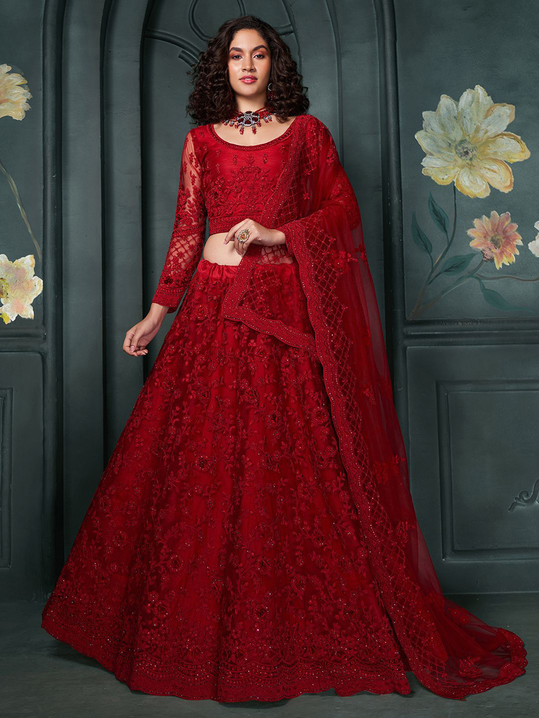 

ALIZEH Red Embroidered Floral Lehenga Choli With Dupatta