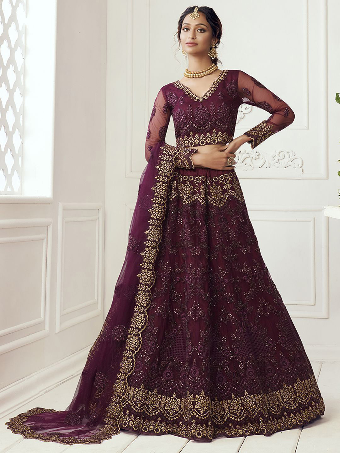

ALIZEH Purple Embroidered Semi Stitched Net Lehenga Choli With Dupatta, Violet