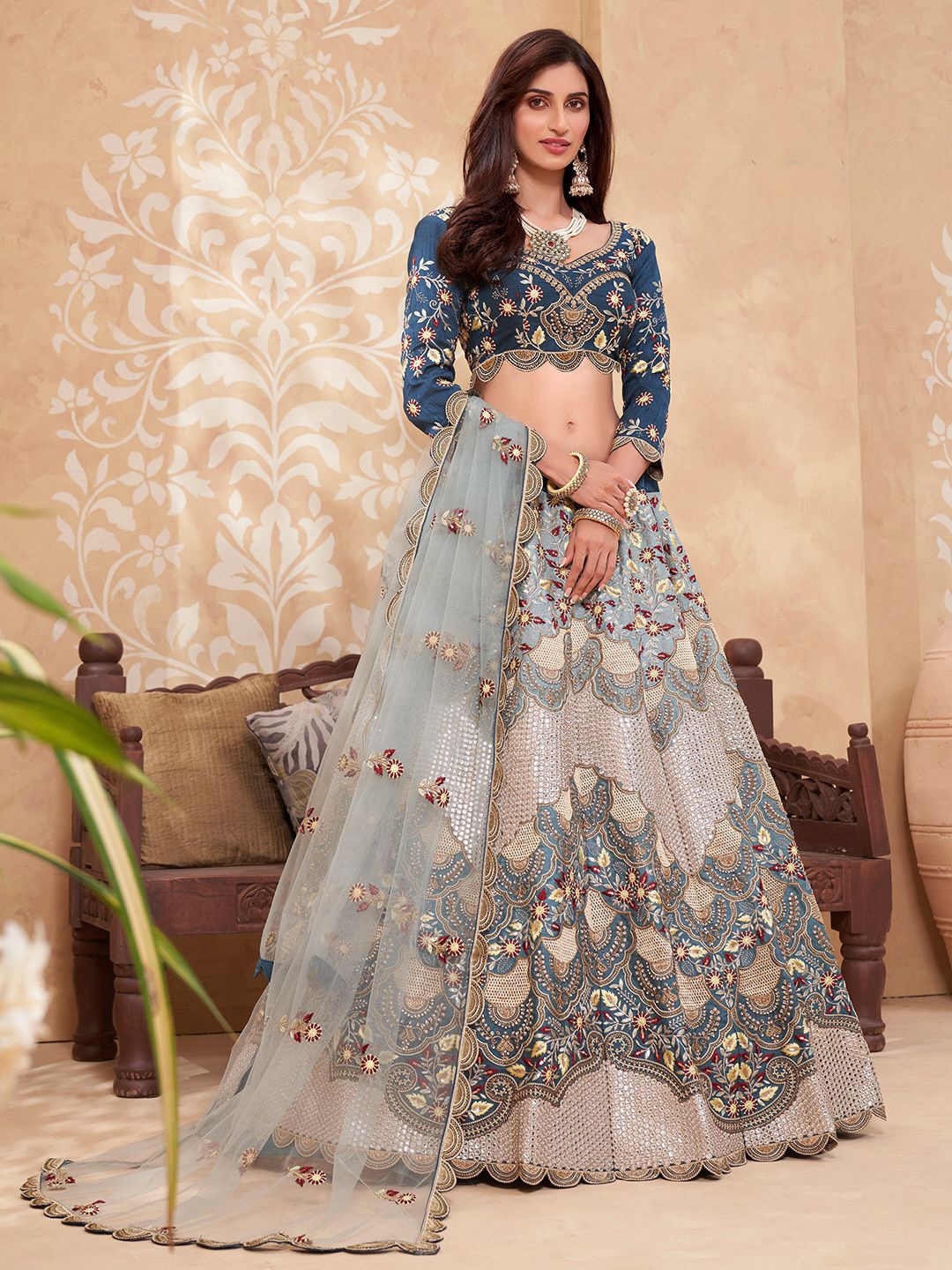 

ALIZEH Shaded Blue Silk Lehnega Choli With Duptta