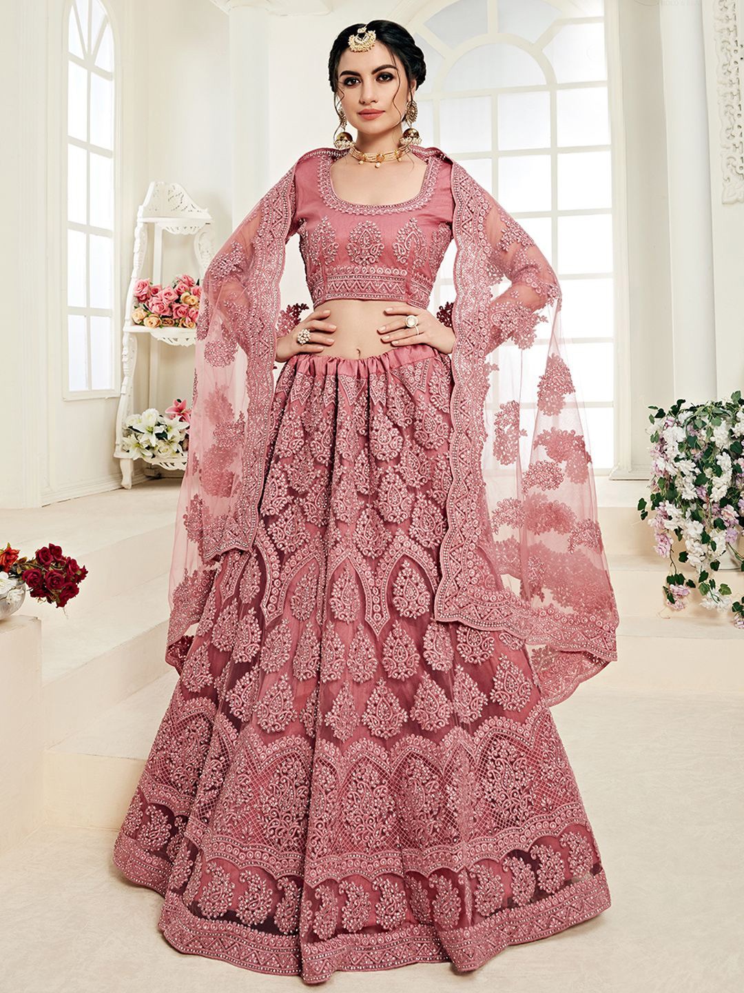 

ALIZEH Gajri Pink Heavy Embroidered Net Lehenga Choli With Dupatta