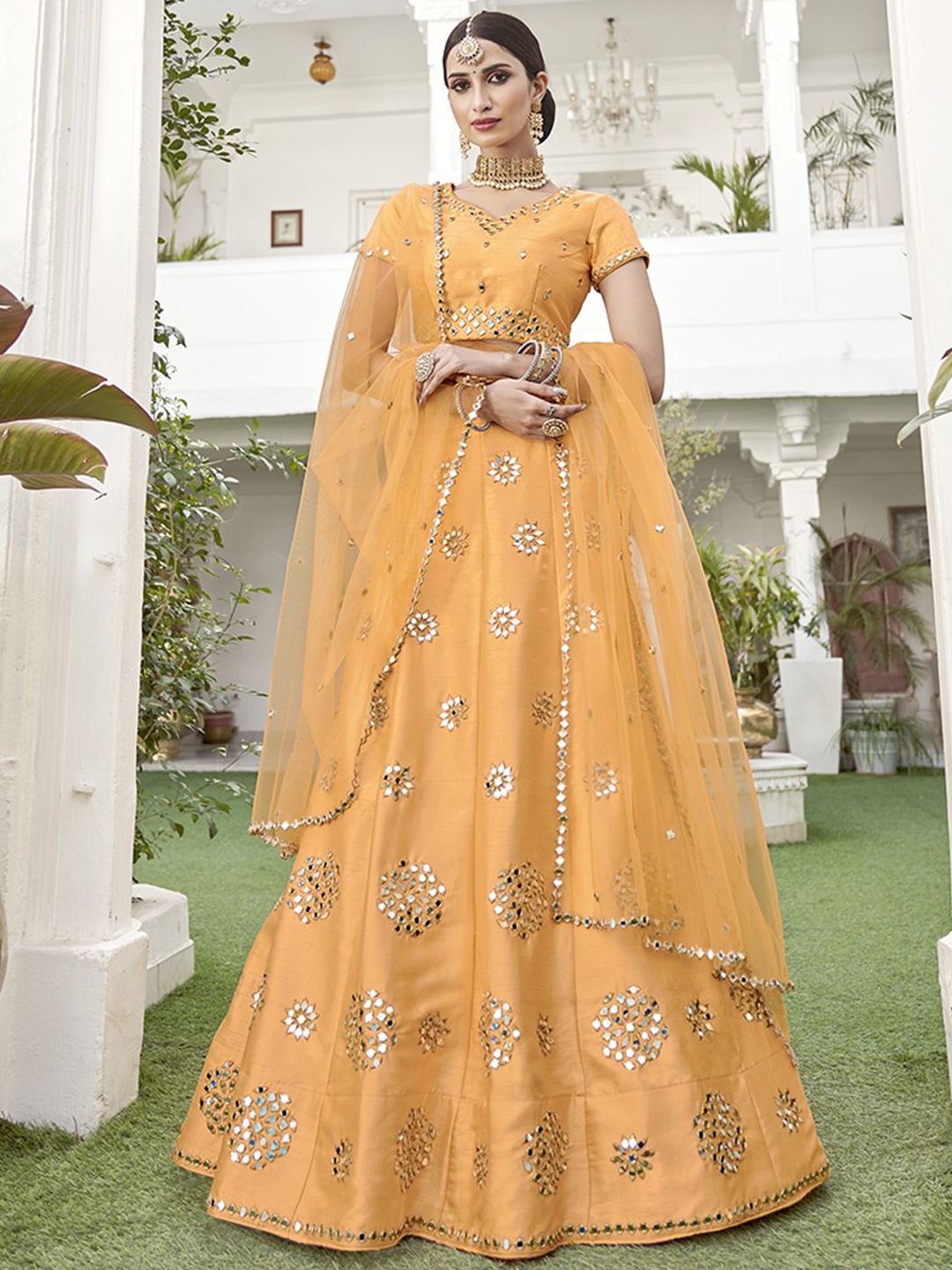 

ALIZEH Haldi Yellow Mirror Work Lehenga Choli With Dupatta