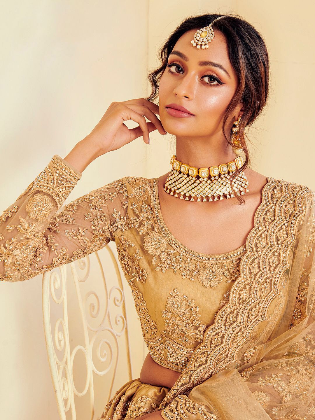

ALIZEH Gold Floral Embroidered Heavy Net Lehenga Choli With Dupatta