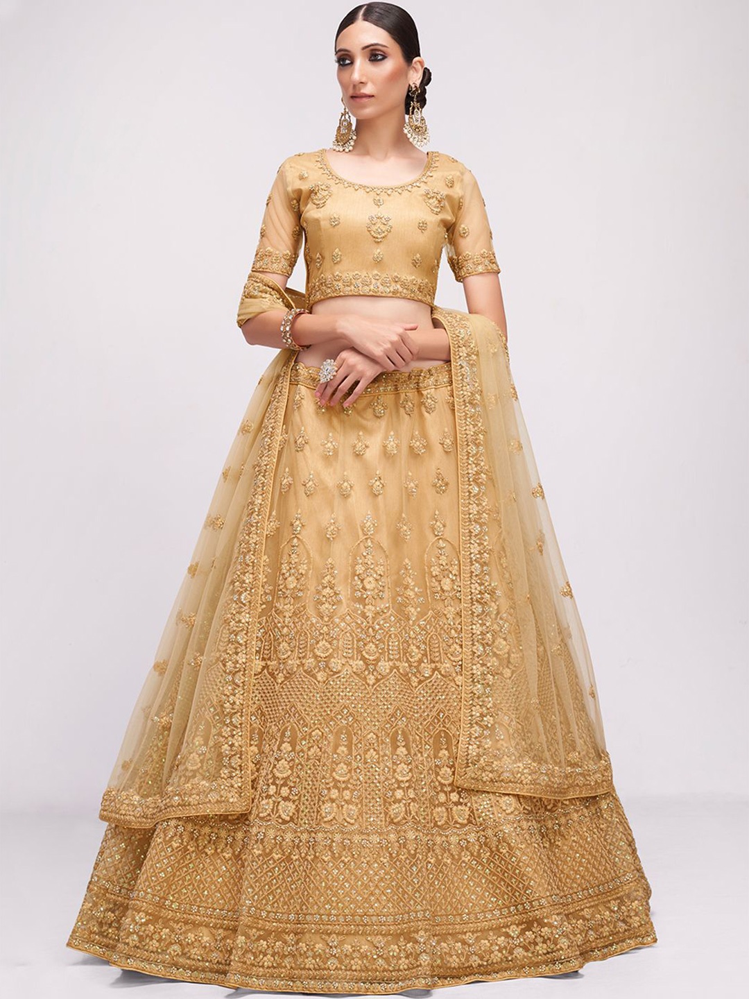 

ALIZEH Golden Embroidered Lehenga Choli With Dupatta, Gold