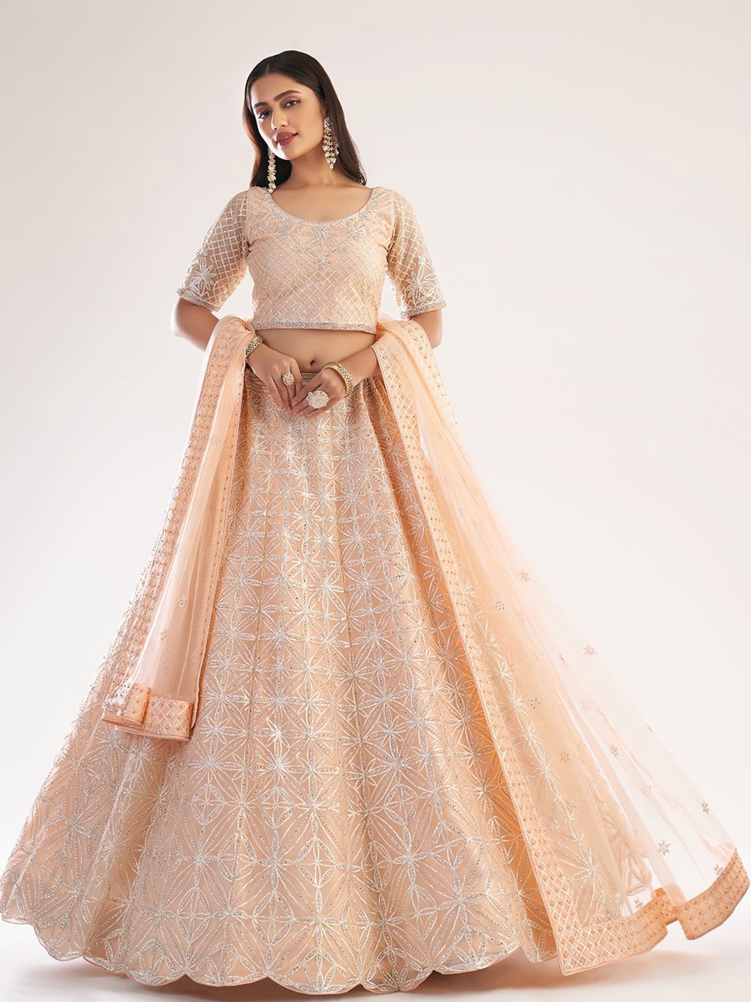 

ALIZEH Peach Semi Stitched Embroidered Lehenga Choli With Dupatta