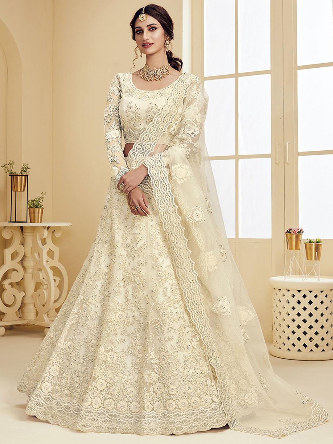 

ALIZEH Ivory Bridal Designer Embroidered Net Lehenga Choli With Dupatta, White